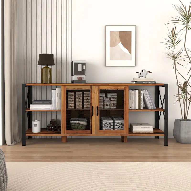 Mobile TV in noce, stile industriale a scaffale aperto, adatto per TV fino a 80".