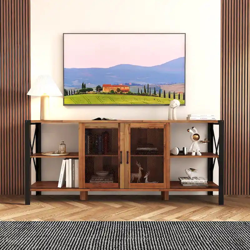 Mobile TV in noce, stile industriale a scaffale aperto, adatto per TV fino a 80".
