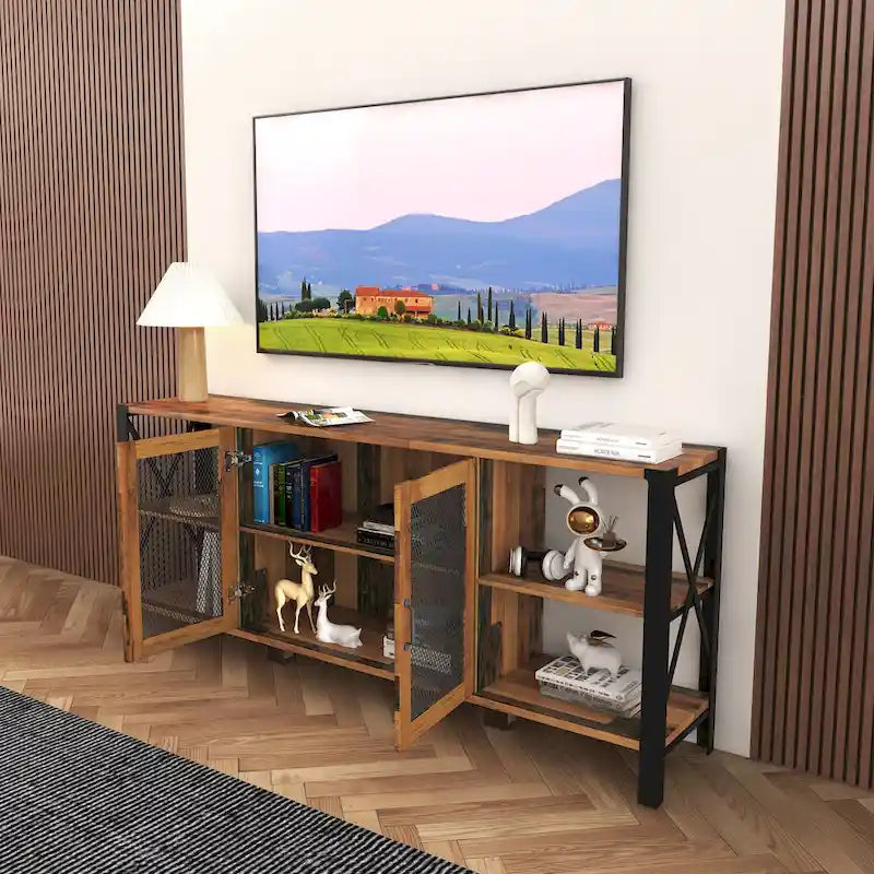 Mobile TV in noce, stile industriale a scaffale aperto, adatto per TV fino a 80".