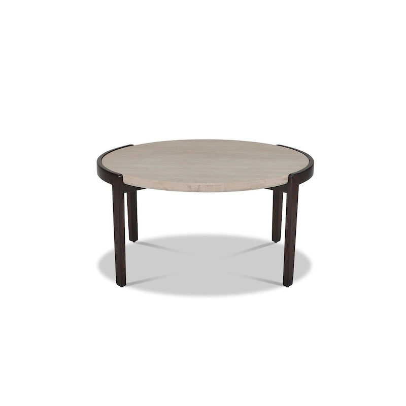 Tavolino da caffè rotondo marrone, piano in legno e pietra, per 1-2 persone (35" x 18")