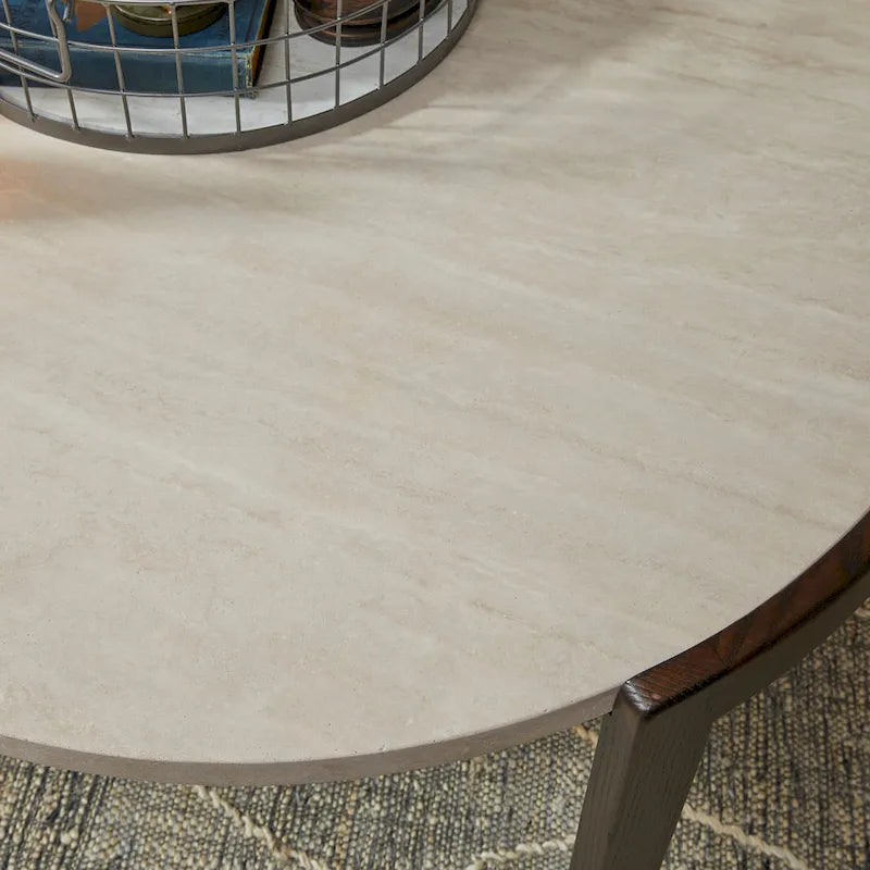 Tavolino da caffè rotondo marrone, piano in legno e pietra, per 1-2 persone (35" x 18")