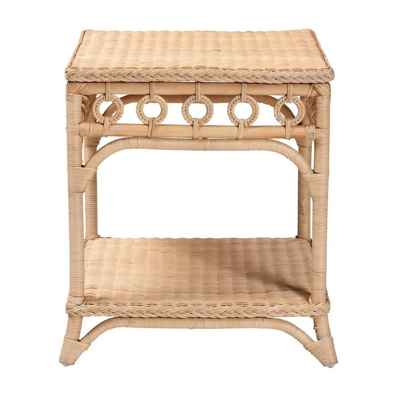 Tavolino finale in rattan marrone naturale con ripiano, 1 pezzo, quadrato