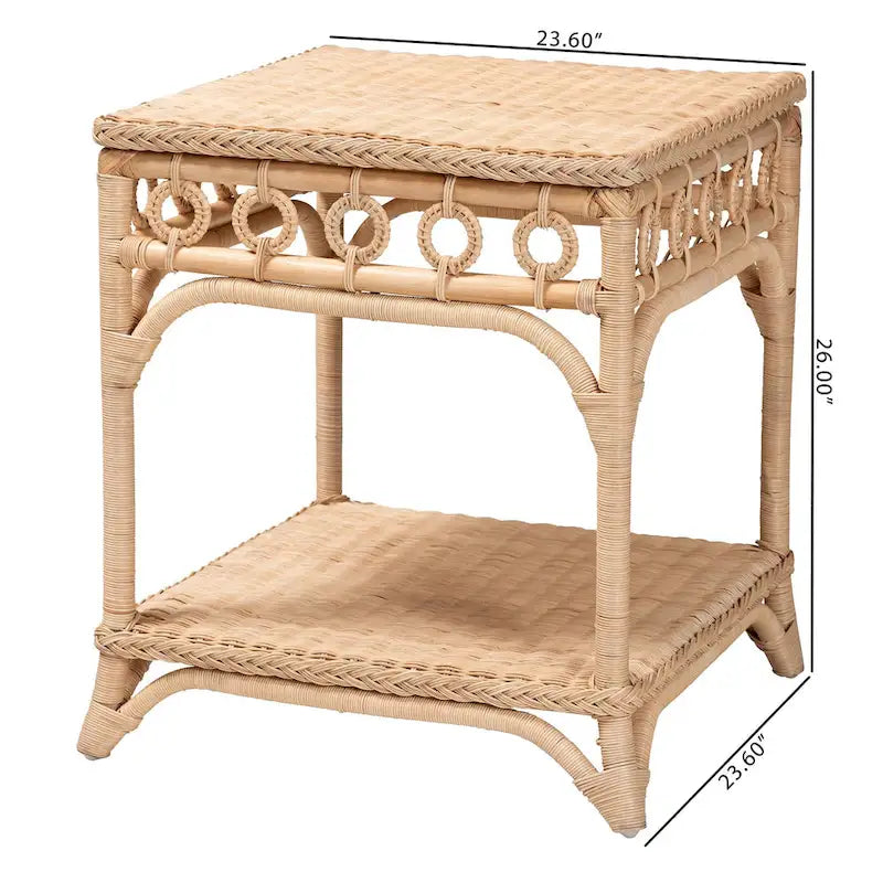 Tavolino finale in rattan marrone naturale con ripiano, 1 pezzo, quadrato