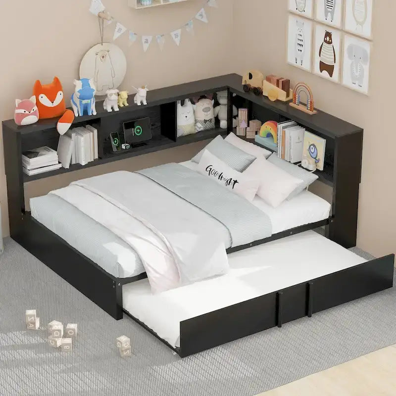 Letto a giorno in metallo nero, matrimoniale con libreria, ringhiera e porte USB – Posti letto 2