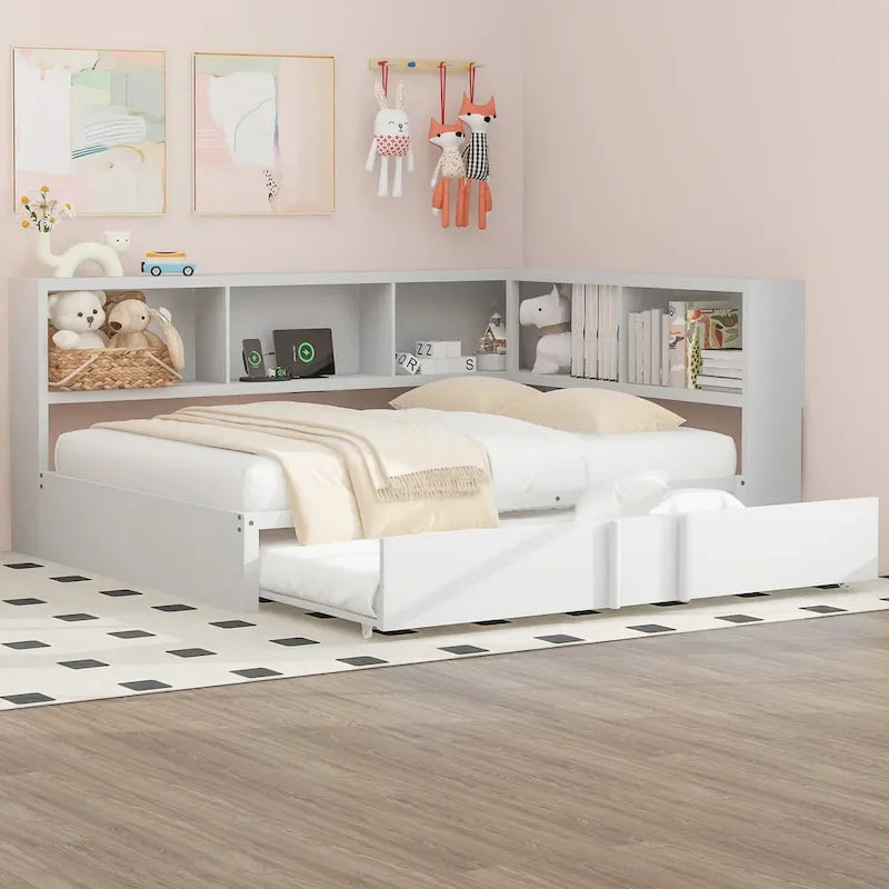 Letto a giorno in metallo nero, matrimoniale con libreria, ringhiera e porte USB – Posti letto 2