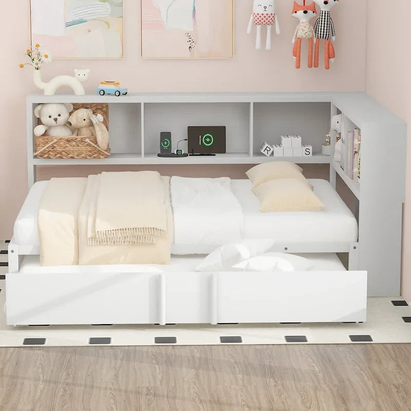 Letto a giorno in metallo nero, matrimoniale con libreria, ringhiera e porte USB – Posti letto 2