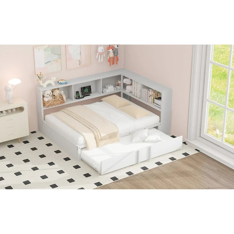 Letto a giorno in metallo nero, matrimoniale con libreria, ringhiera e porte USB – Posti letto 2