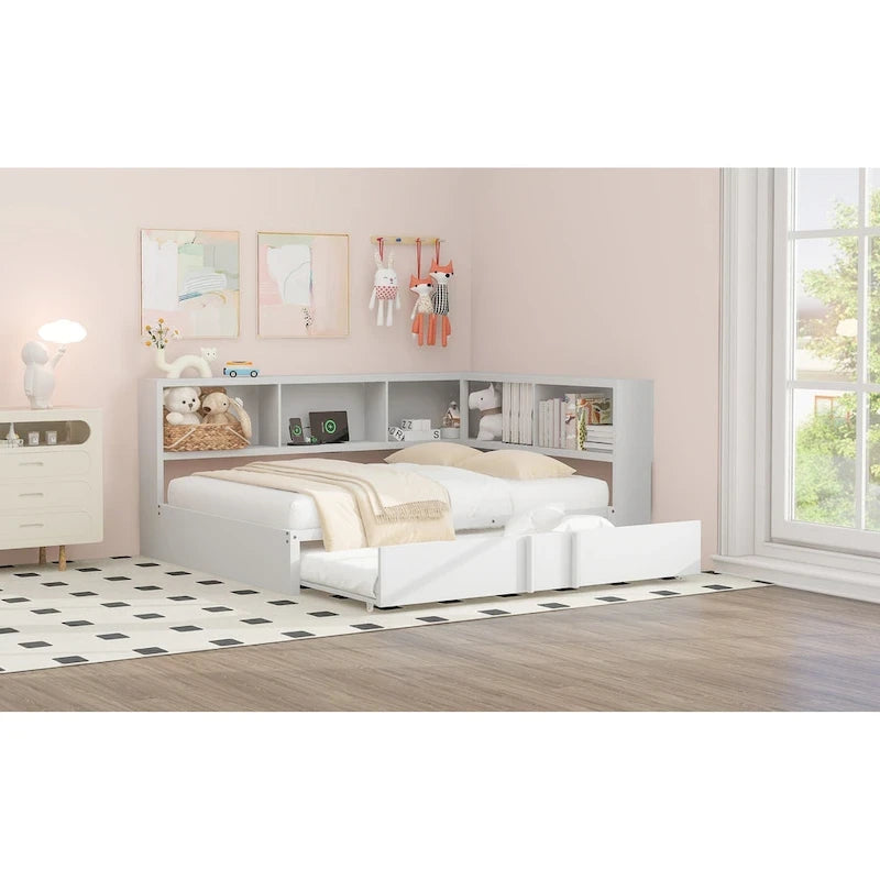 Letto a giorno in metallo nero, matrimoniale con libreria, ringhiera e porte USB – Posti letto 2