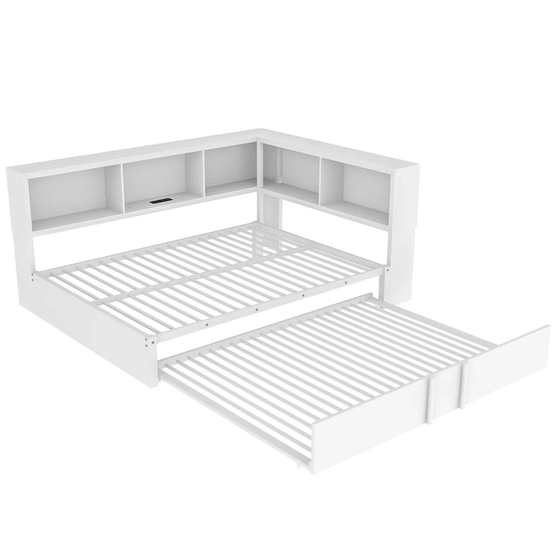 Letto a giorno in metallo nero, matrimoniale con libreria, ringhiera e porte USB – Posti letto 2