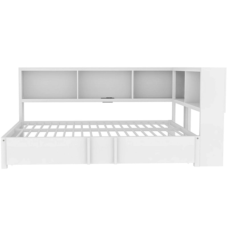 Letto a giorno in metallo nero, matrimoniale con libreria, ringhiera e porte USB – Posti letto 2