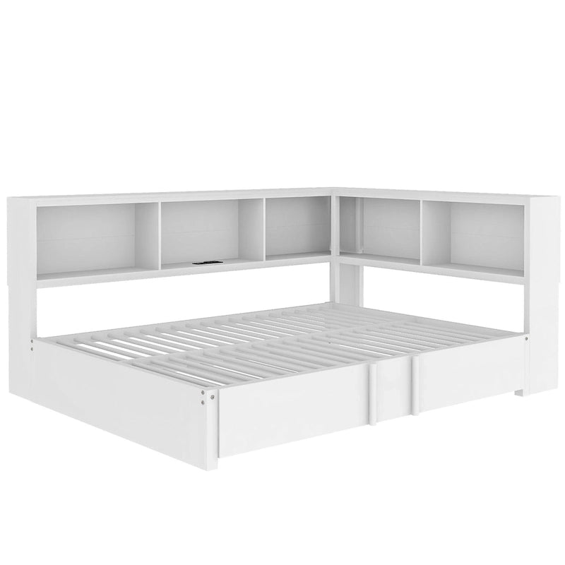 Letto a giorno in metallo nero, matrimoniale con libreria, ringhiera e porte USB – Posti letto 2