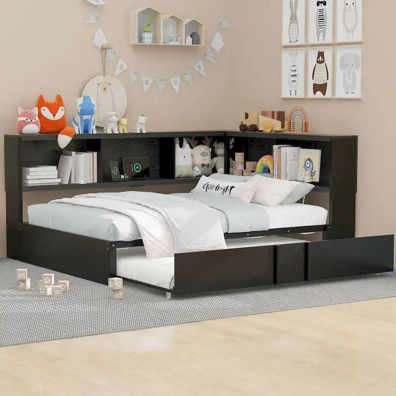 Letto a giorno in metallo nero, matrimoniale con libreria, ringhiera e porte USB – Posti letto 2