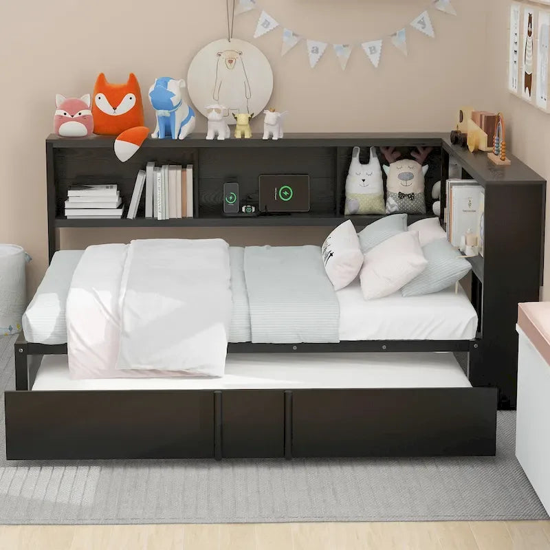 Letto a giorno in metallo nero, matrimoniale con libreria, ringhiera e porte USB – Posti letto 2