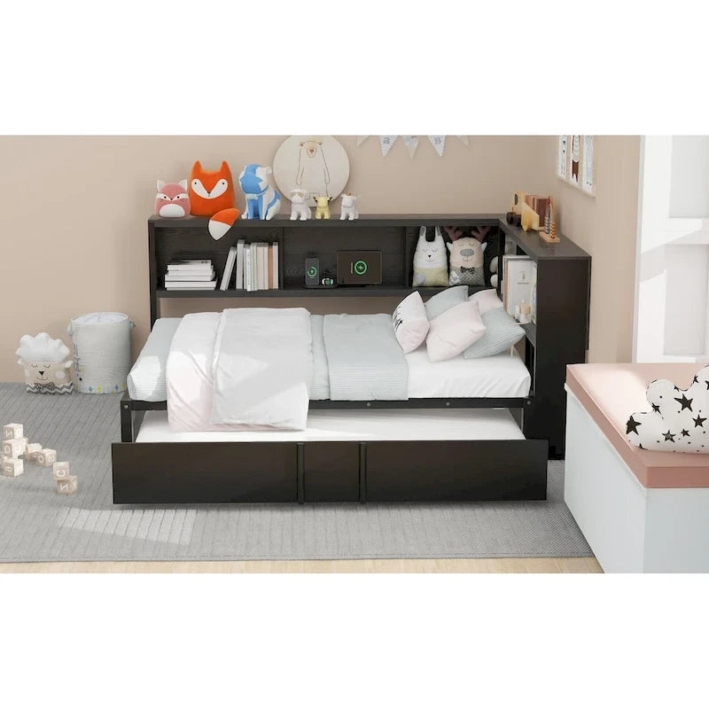 Letto a giorno in metallo nero, matrimoniale con libreria, ringhiera e porte USB – Posti letto 2