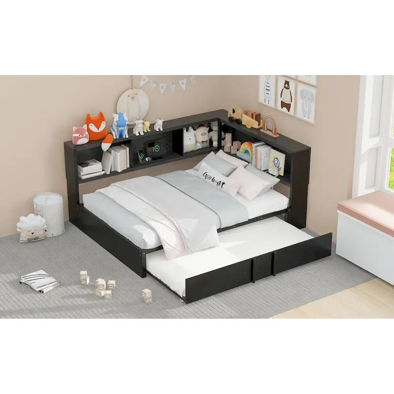 Letto a giorno in metallo nero, matrimoniale con libreria, ringhiera e porte USB – Posti letto 2