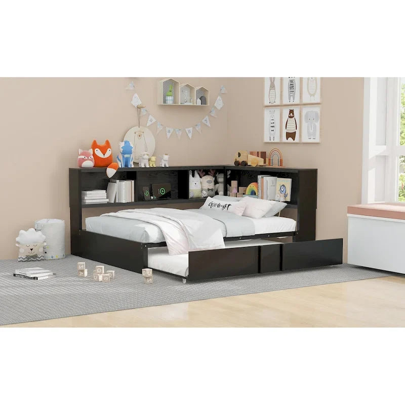 Letto a giorno in metallo nero, matrimoniale con libreria, ringhiera e porte USB – Posti letto 2