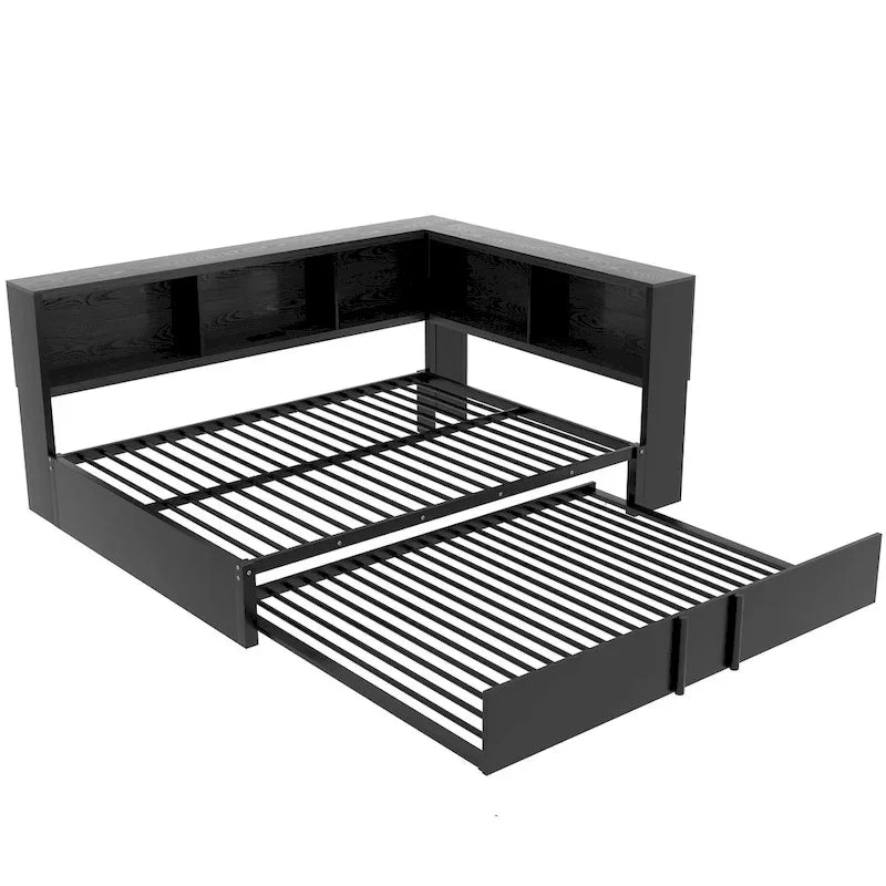 Letto a giorno in metallo nero, matrimoniale con libreria, ringhiera e porte USB – Posti letto 2