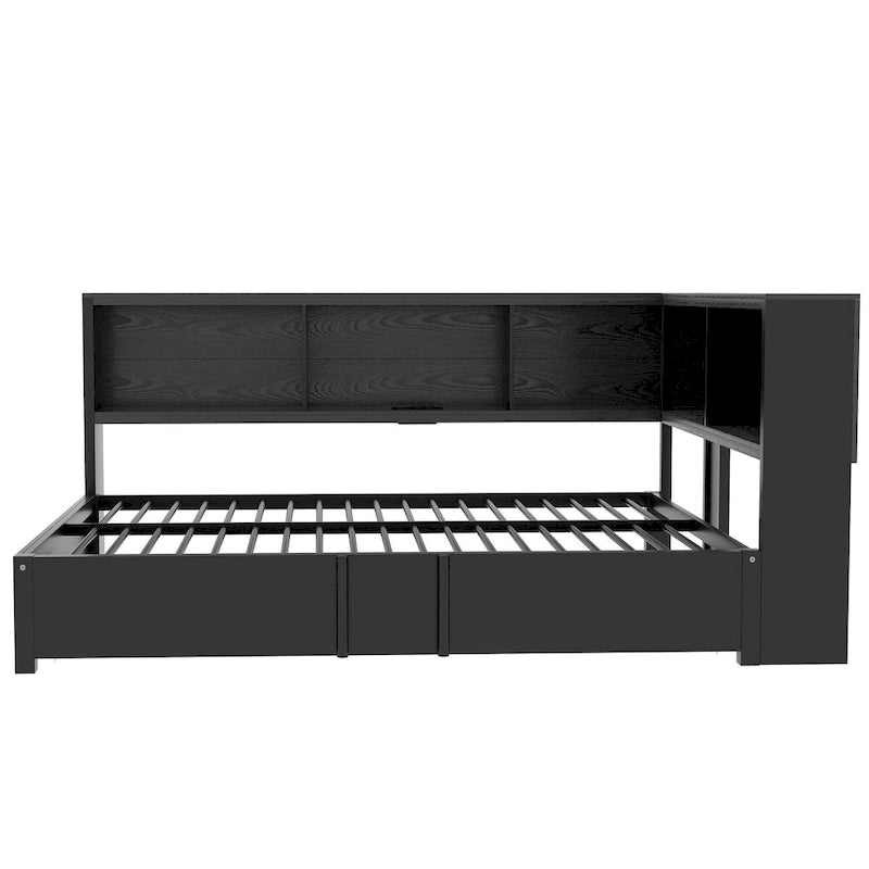 Letto a giorno in metallo nero, matrimoniale con libreria, ringhiera e porte USB – Posti letto 2