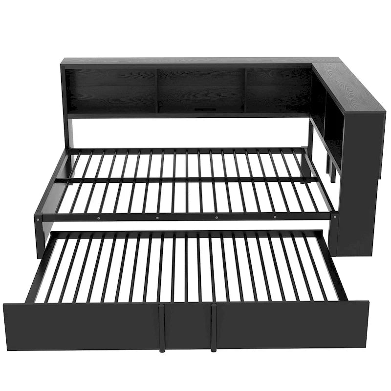 Letto a giorno in metallo nero, matrimoniale con libreria, ringhiera e porte USB – Posti letto 2
