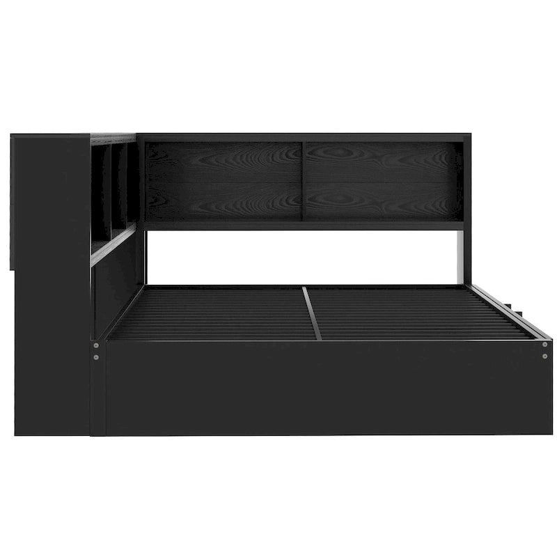 Letto a giorno in metallo nero, matrimoniale con libreria, ringhiera e porte USB – Posti letto 2
