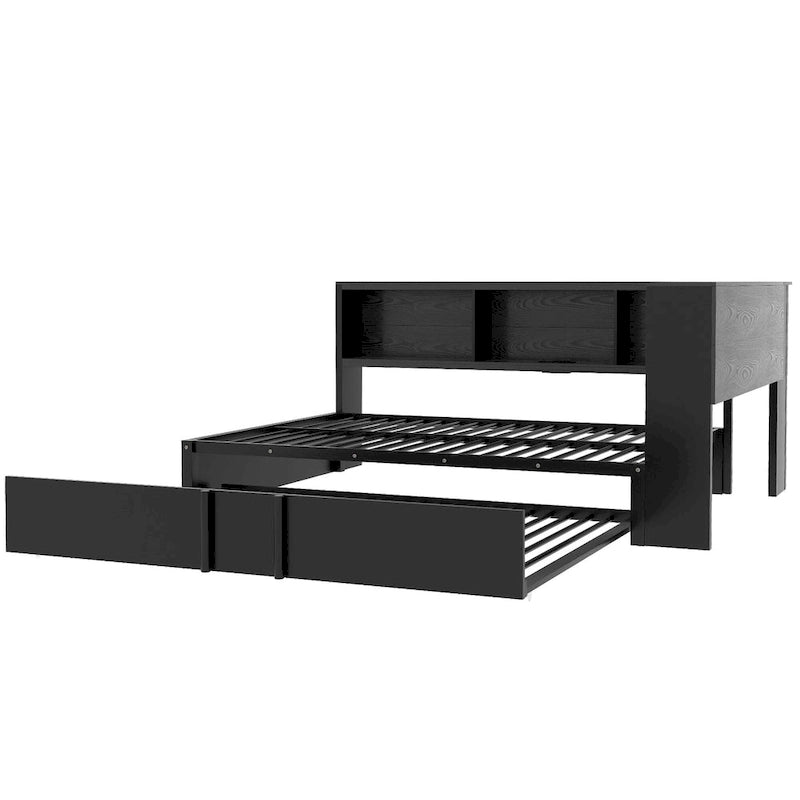 Letto a giorno in metallo nero, matrimoniale con libreria, ringhiera e porte USB – Posti letto 2