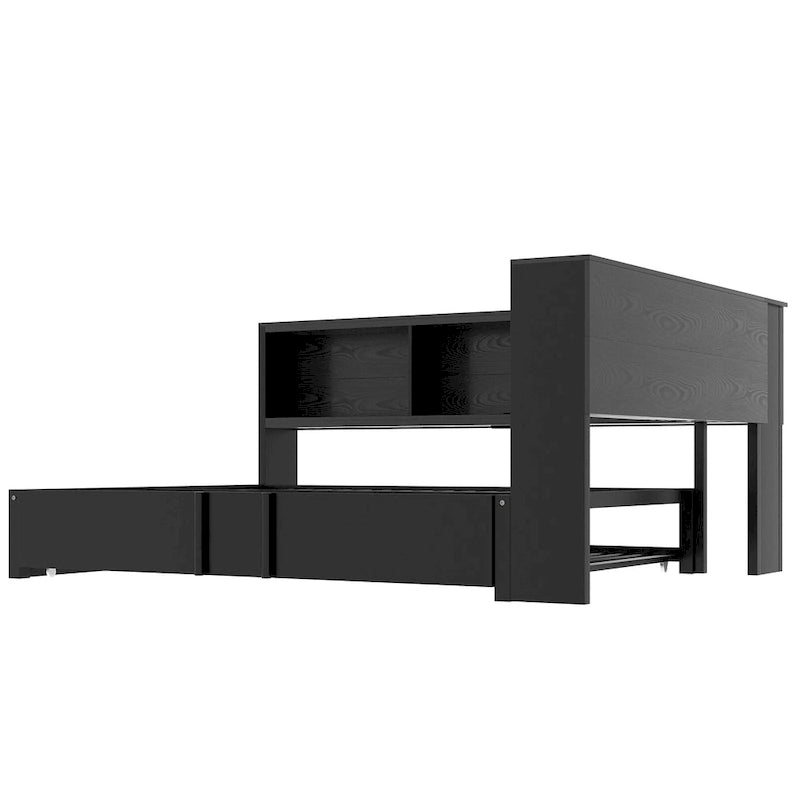 Letto a giorno in metallo nero, matrimoniale con libreria, ringhiera e porte USB – Posti letto 2