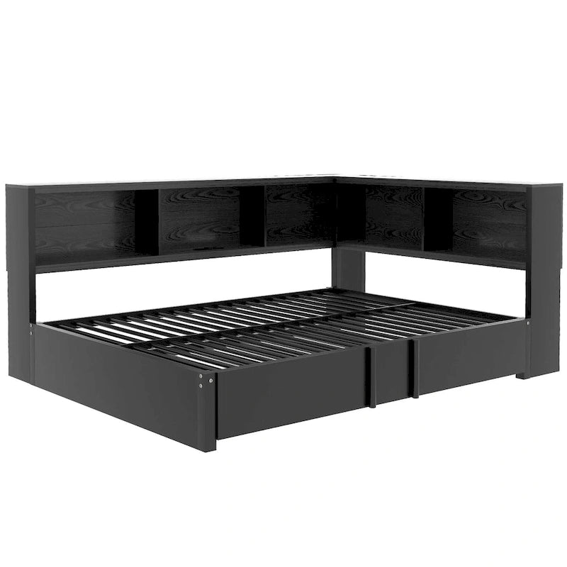 Letto a giorno in metallo nero, matrimoniale con libreria, ringhiera e porte USB – Posti letto 2