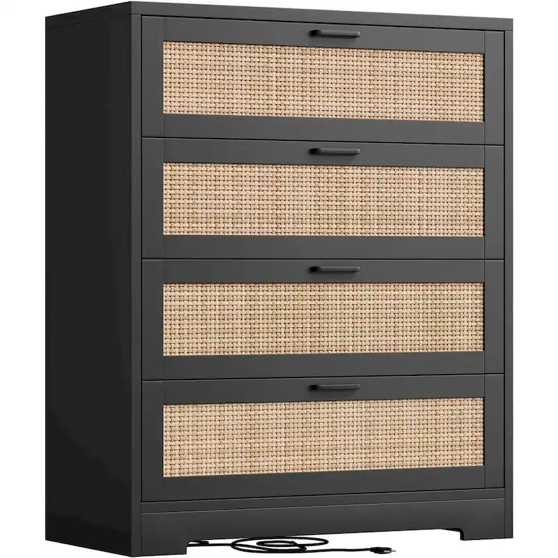 Comò a 4 cassetti in rattan bianco/naturale/nero con presa di corrente, per 1