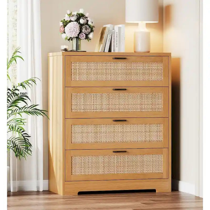 Comò a 4 cassetti in rattan bianco/naturale/nero con presa di corrente, per 1