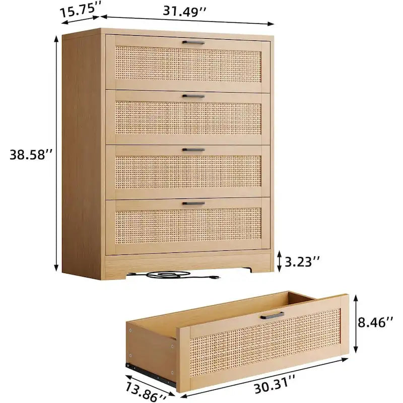 Comò a 4 cassetti in rattan bianco/naturale/nero con presa di corrente, per 1