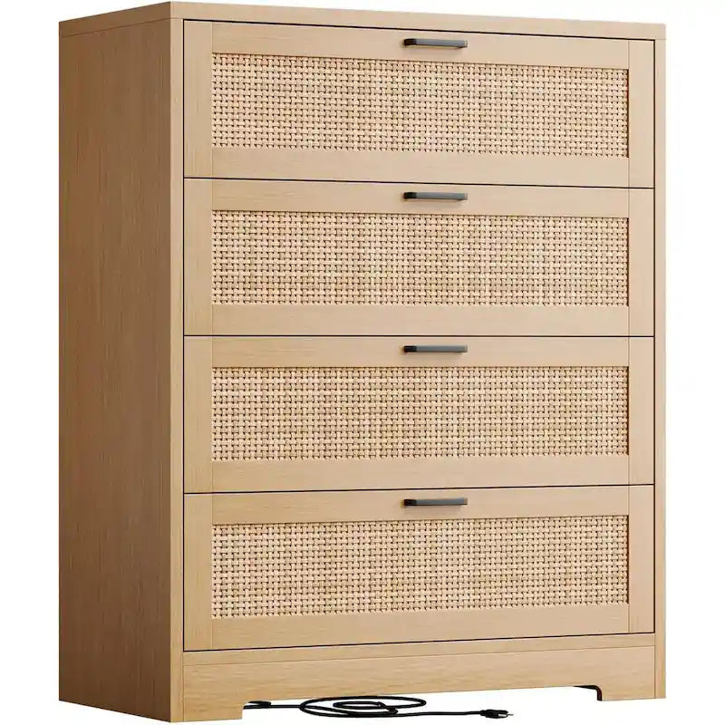 Comò a 4 cassetti in rattan bianco/naturale/nero con presa di corrente, per 1