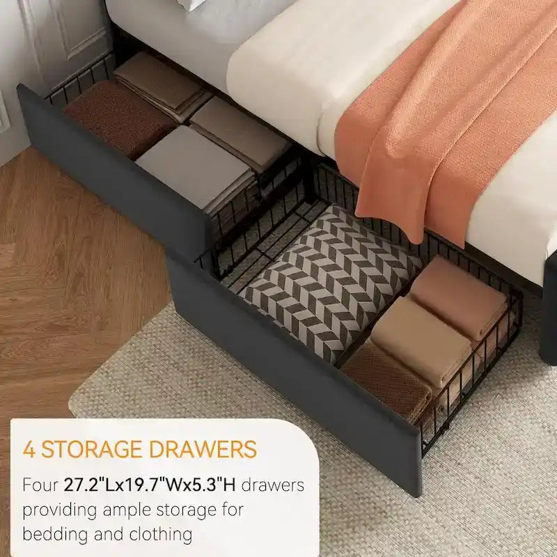 Letto matrimoniale Queen-size in lino grigio, capitonné, 4 cassetti contenitore, adatto per 2 persone