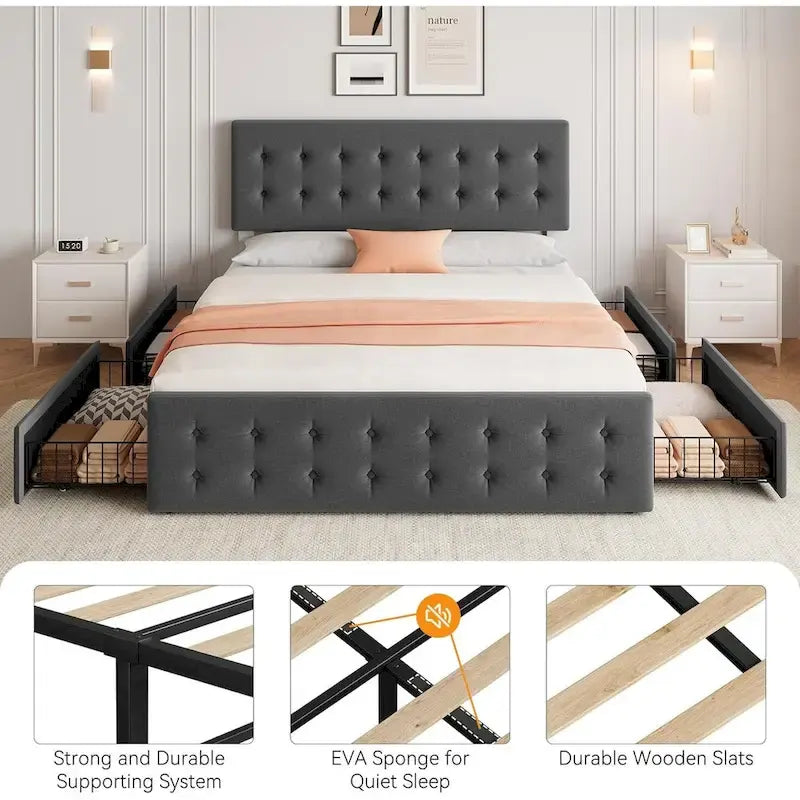 Letto matrimoniale Queen-size in lino grigio, capitonné, 4 cassetti contenitore, adatto per 2 persone