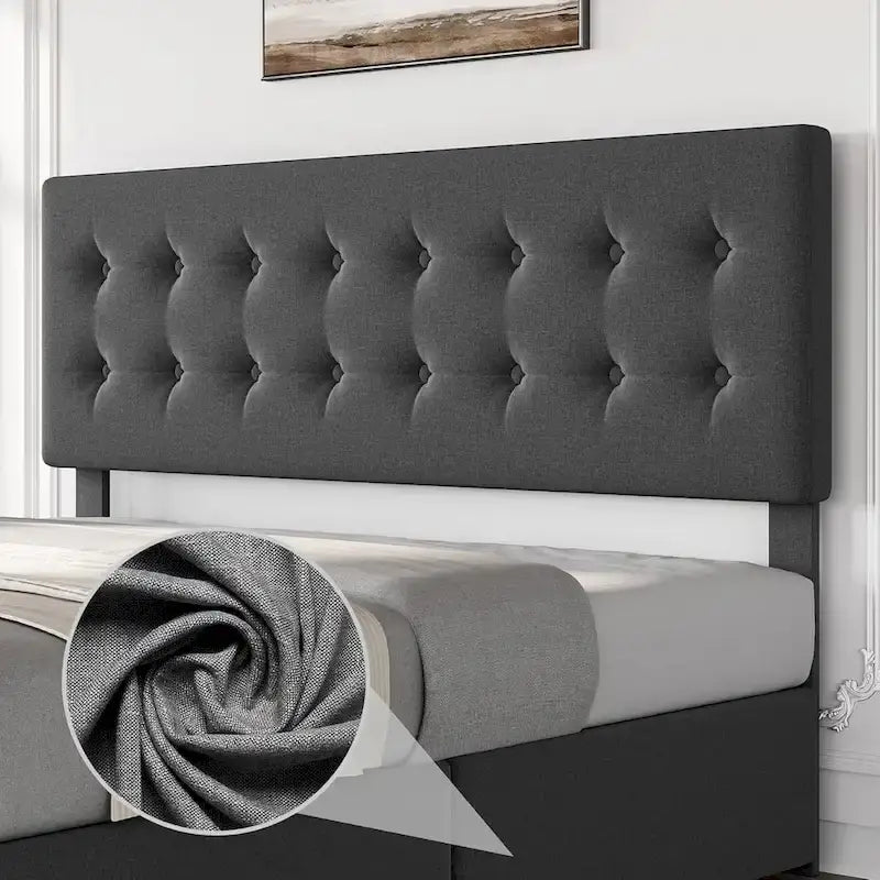 Letto matrimoniale Queen-size in lino grigio, capitonné, 4 cassetti contenitore, adatto per 2 persone