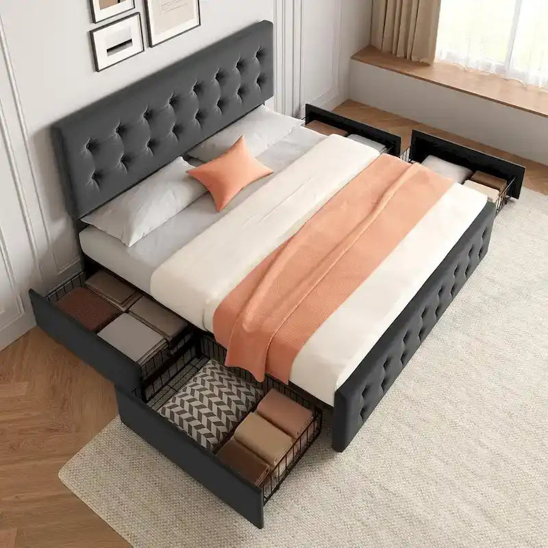 Letto matrimoniale Queen-size in lino grigio, capitonné, 4 cassetti contenitore, adatto per 2 persone