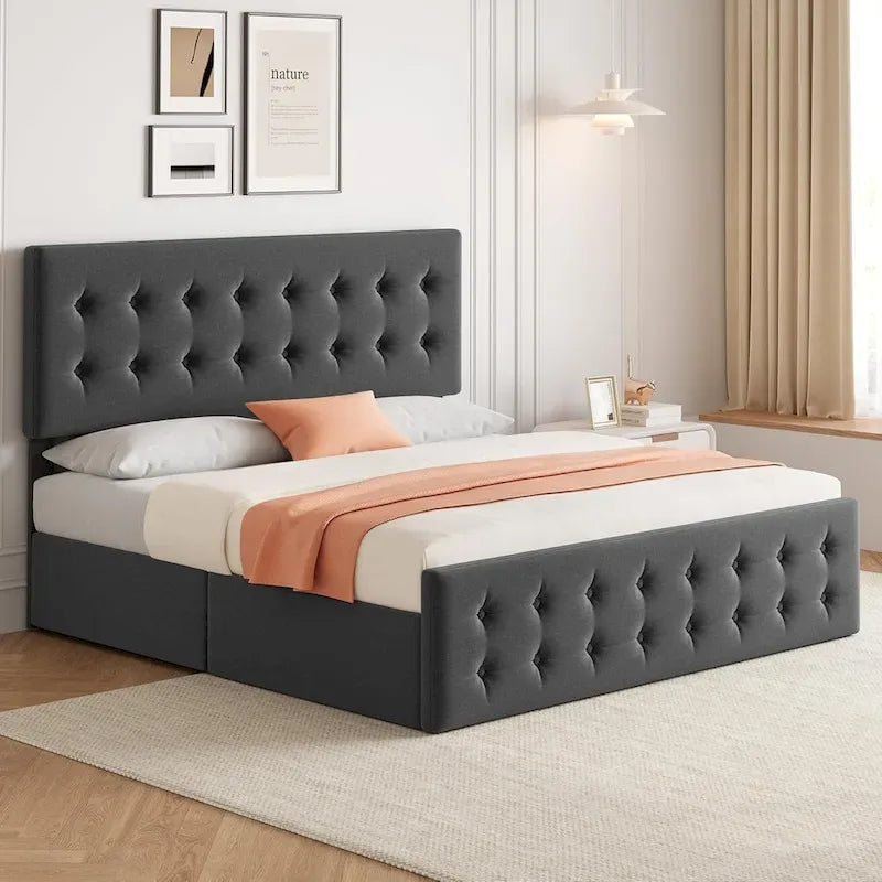 Letto matrimoniale Queen-size in lino grigio, capitonné, 4 cassetti contenitore, adatto per 2 persone