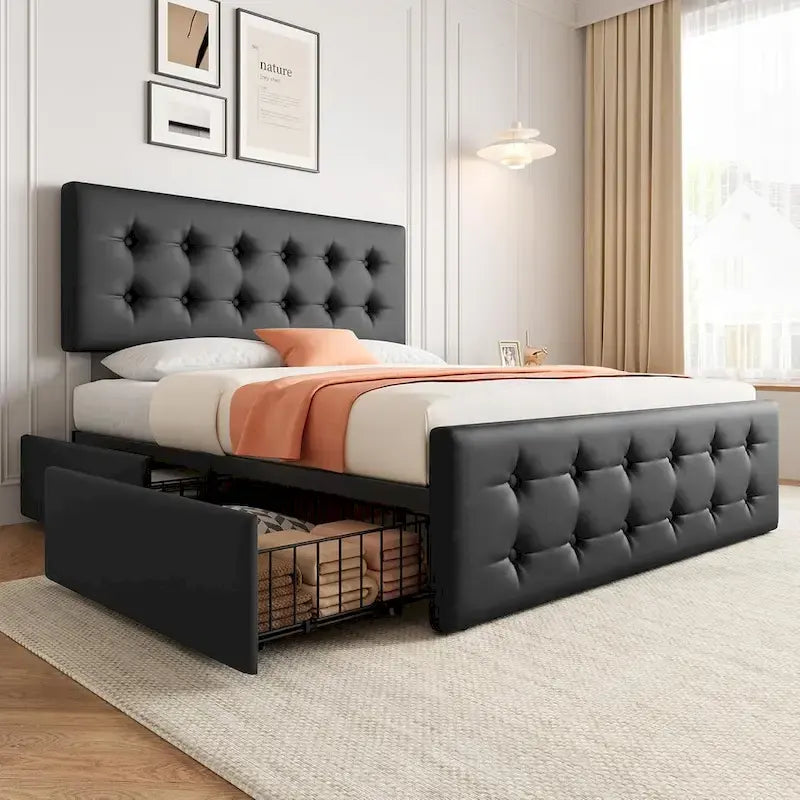 Letto matrimoniale Queen-size in lino grigio, capitonné, 4 cassetti contenitore, adatto per 2 persone