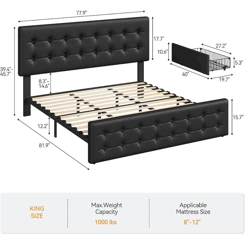 Letto matrimoniale Queen-size in lino grigio, capitonné, 4 cassetti contenitore, adatto per 2 persone