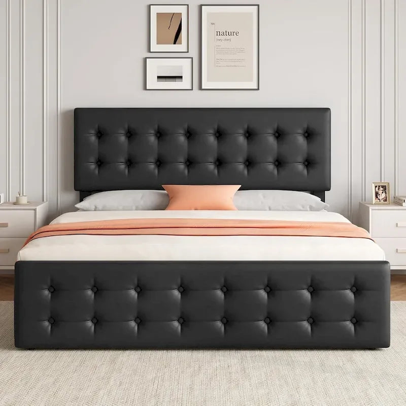Letto matrimoniale Queen-size in lino grigio, capitonné, 4 cassetti contenitore, adatto per 2 persone