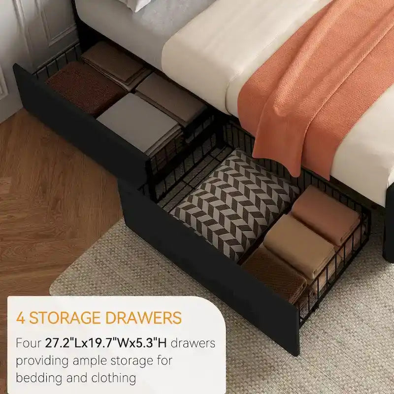 Letto matrimoniale Queen-size in lino grigio, capitonné, 4 cassetti contenitore, adatto per 2 persone