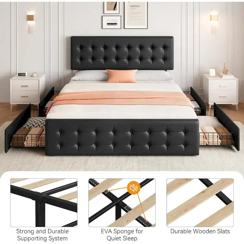Letto matrimoniale Queen-size in lino grigio, capitonné, 4 cassetti contenitore, adatto per 2 persone