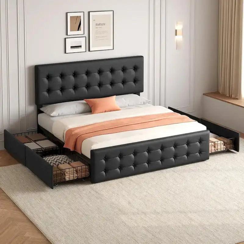 Letto matrimoniale Queen-size in lino grigio, capitonné, 4 cassetti contenitore, adatto per 2 persone