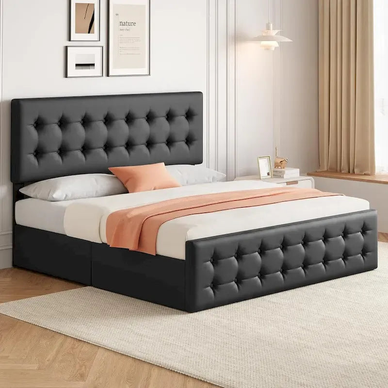 Letto matrimoniale Queen-size in lino grigio, capitonné, 4 cassetti contenitore, adatto per 2 persone