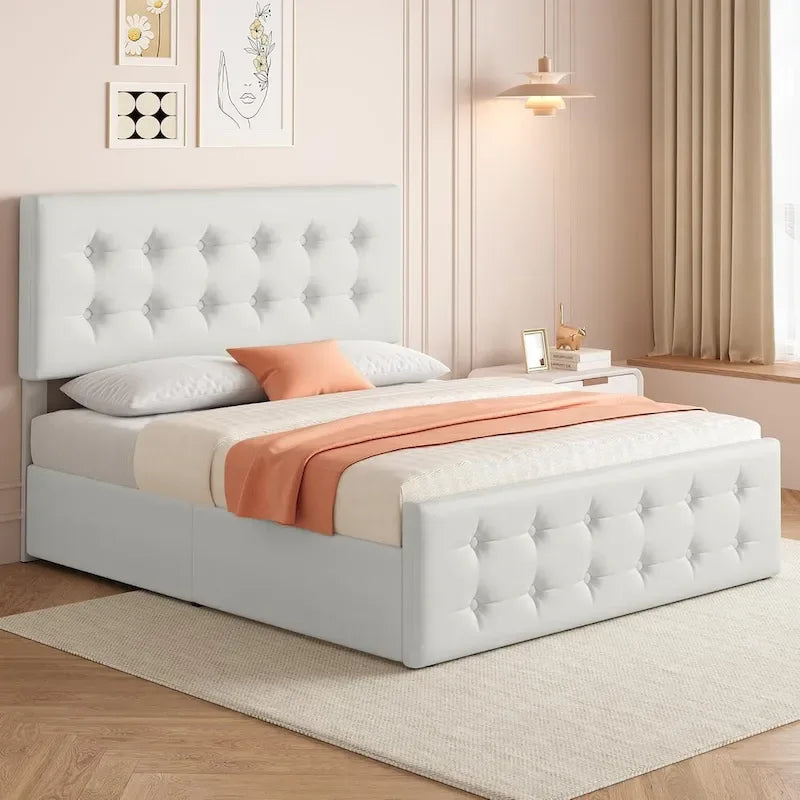 Letto matrimoniale Queen-size in lino grigio, capitonné, 4 cassetti contenitore, adatto per 2 persone