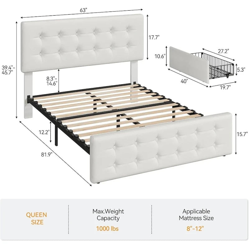 Letto matrimoniale Queen-size in lino grigio, capitonné, 4 cassetti contenitore, adatto per 2 persone