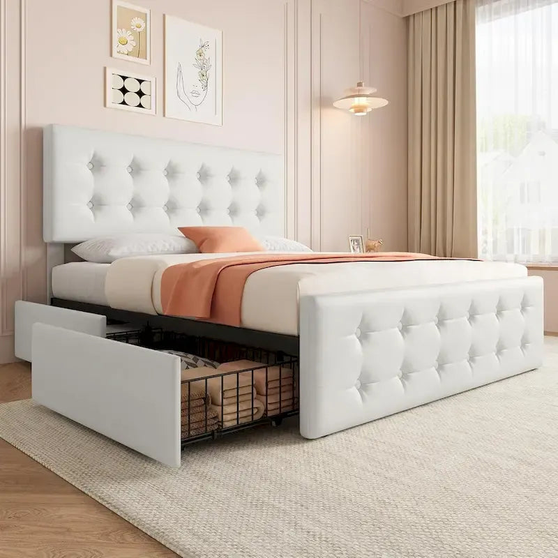 Letto matrimoniale Queen-size in lino grigio, capitonné, 4 cassetti contenitore, adatto per 2 persone