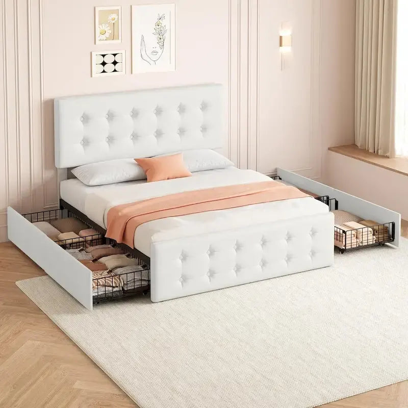 Letto matrimoniale Queen-size in lino grigio, capitonné, 4 cassetti contenitore, adatto per 2 persone