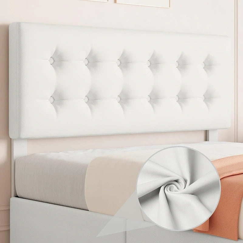 Letto matrimoniale Queen-size in lino grigio, capitonné, 4 cassetti contenitore, adatto per 2 persone
