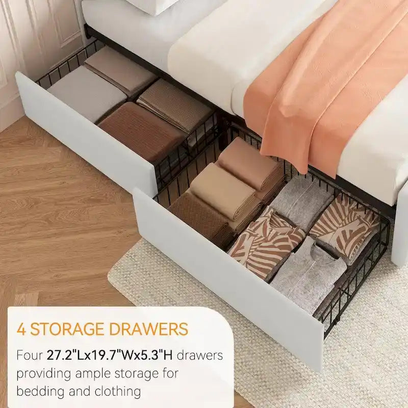 Letto matrimoniale Queen-size in lino grigio, capitonné, 4 cassetti contenitore, adatto per 2 persone