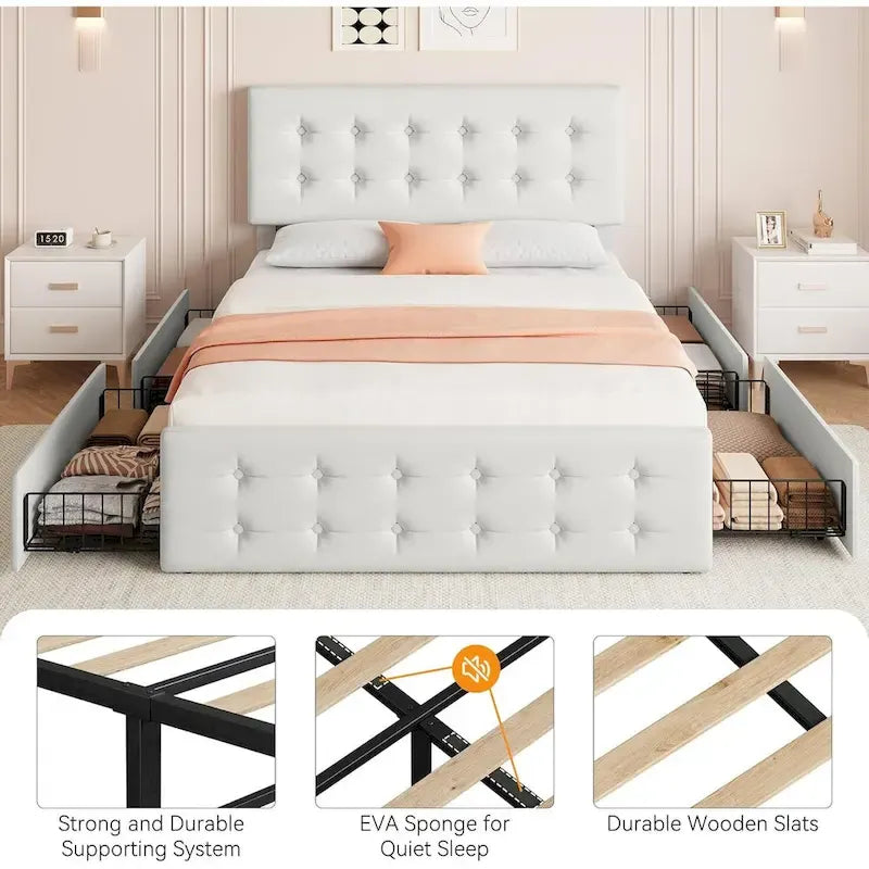 Letto matrimoniale Queen-size in lino grigio, capitonné, 4 cassetti contenitore, adatto per 2 persone